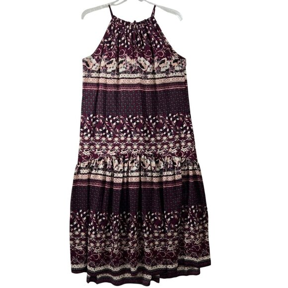 Maison Tara Womens 14 Boho Maxi Floral Geometric Halter Burgundy Dress Fairycore - Picture 3 of 12